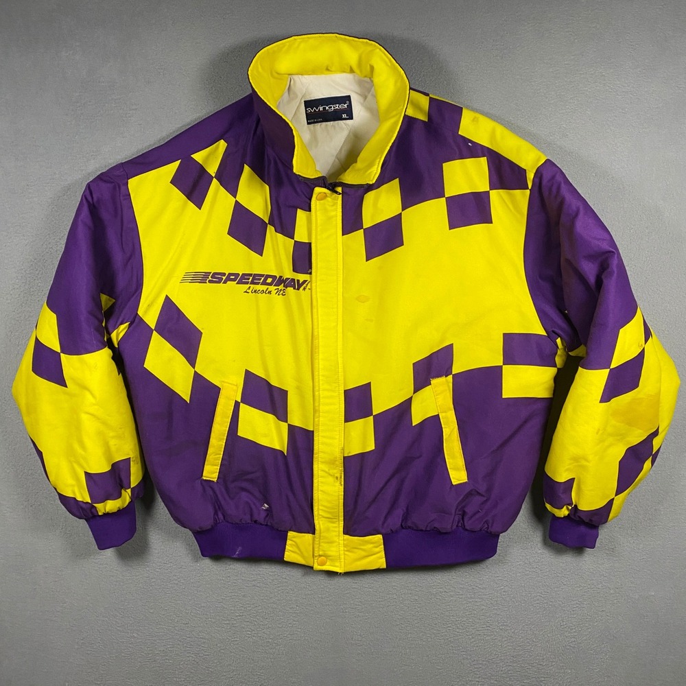 Vintage Swingster Speedway Motors Racing Jacket Mens XL Purple Yellow Checkered